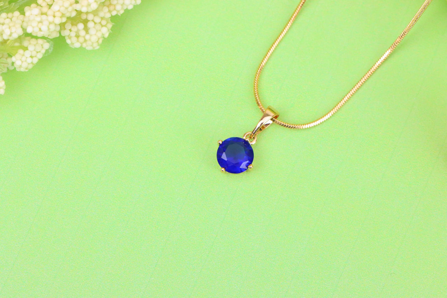 Round Blue Stone Pendant in Gold Plated Brass – Dainty Everyday Charm, XPPT1758 (2152-3)