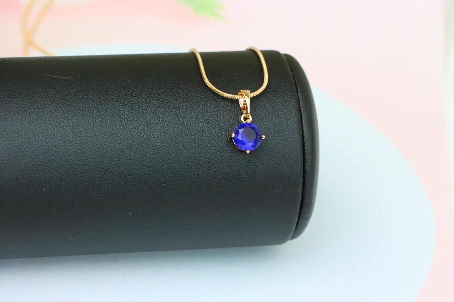 Round Blue Stone Pendant in Gold Plated Brass – Dainty Everyday Charm, XPPT1758 (2152-3)
