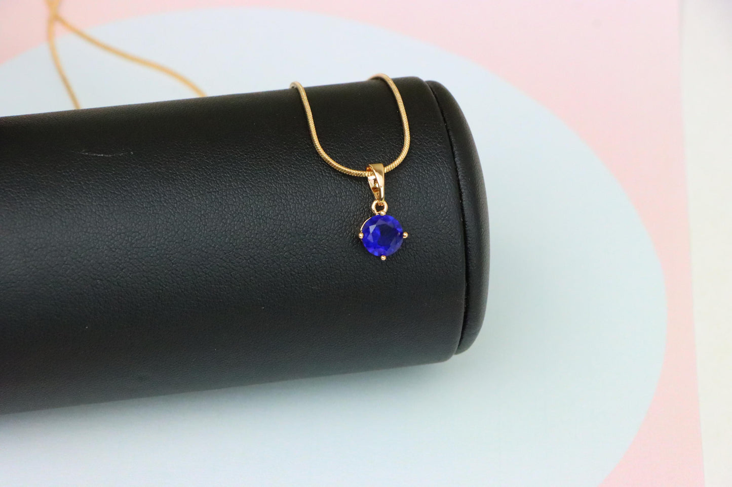 Round Blue Stone Pendant in Gold Plated Brass – Dainty Everyday Charm, XPPT1758 (2152-3)