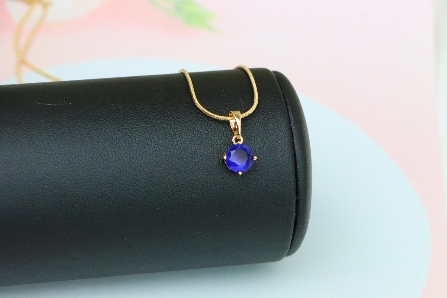 Round Blue Stone Pendant in Gold Plated Brass – Dainty Everyday Charm, XPPT1758 (2152-3)