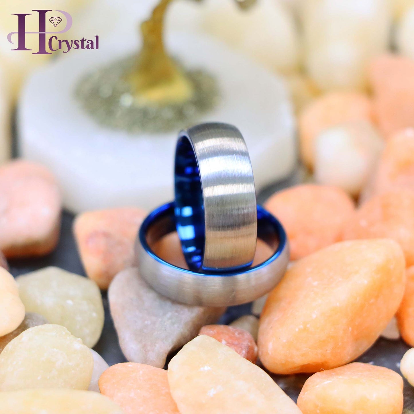 Domed Blue IP Plated Inside & Gun Metal Brushed Center Tungsten Ring