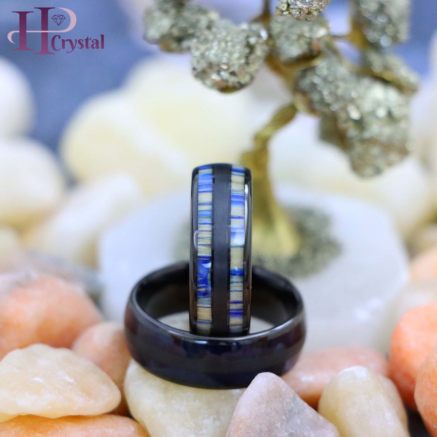 Black IP & Blue Wood Inlay/Dyed Bamboo Inlay Tungsten Ring