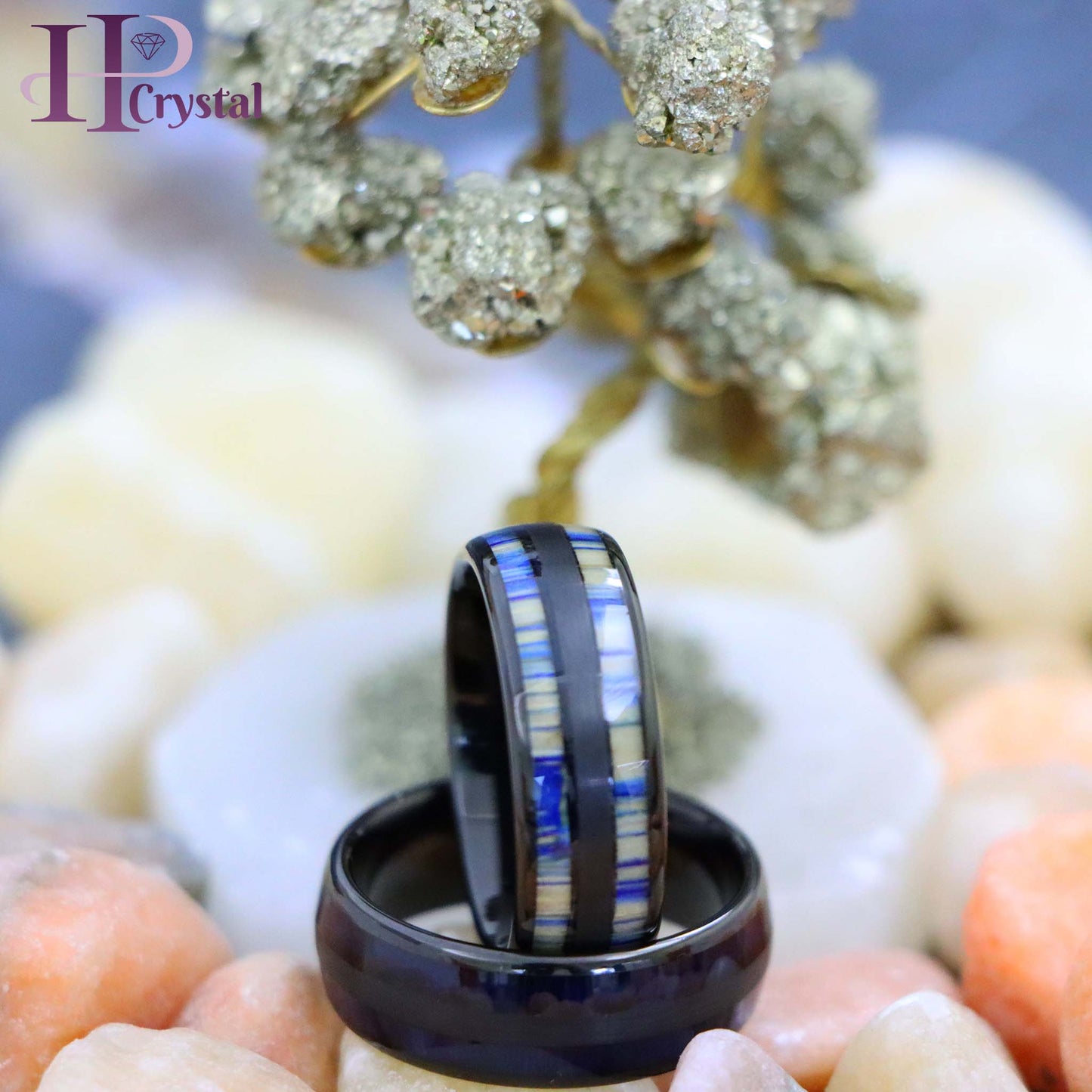 Black IP & Blue Wood Inlay/Dyed Bamboo Inlay Tungsten Ring