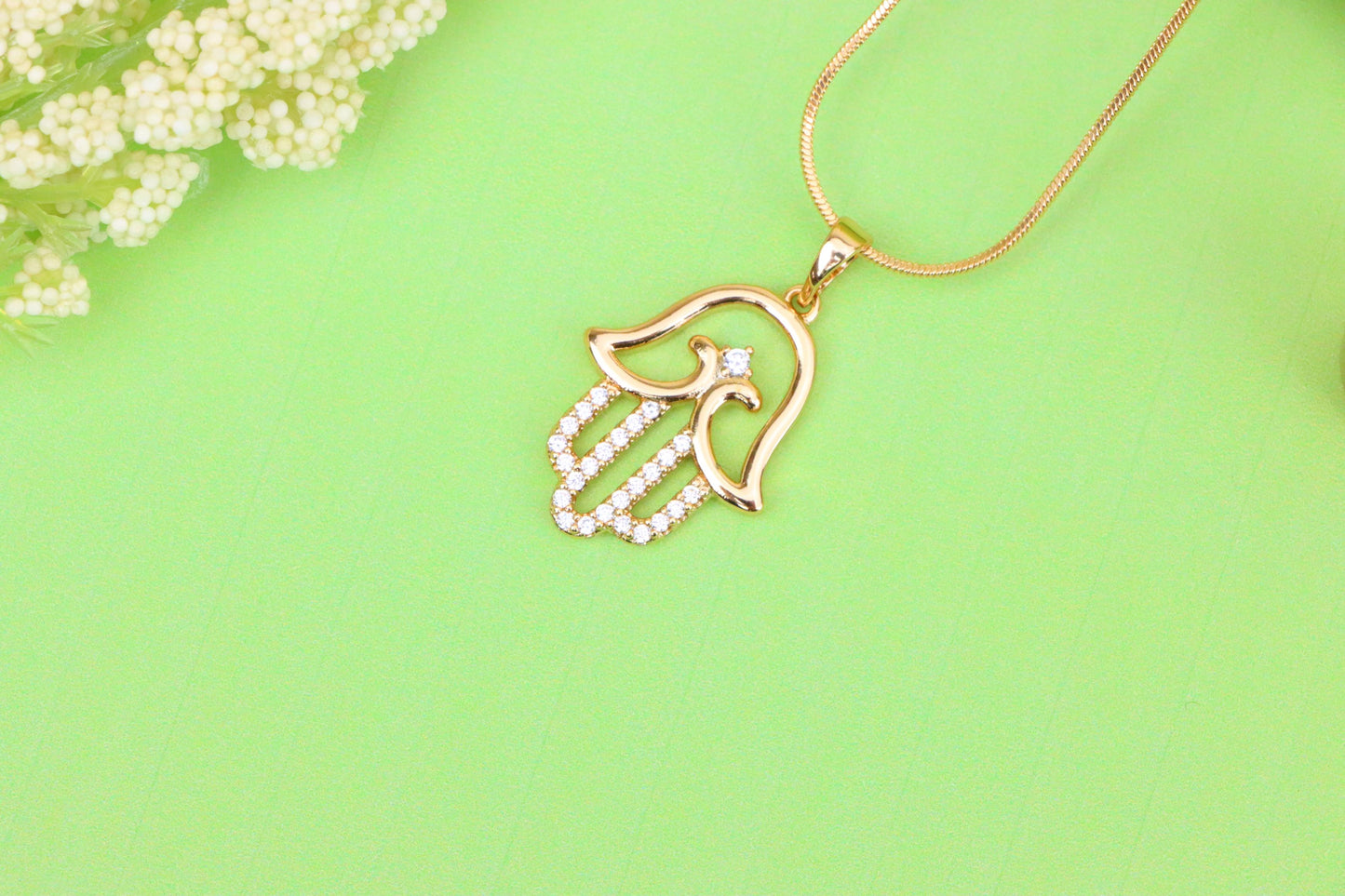 Rose Gold Hamsa Hand Pendant in Gold Plated Brass with Sparkling Accents, XPPT1760 (2152-5)