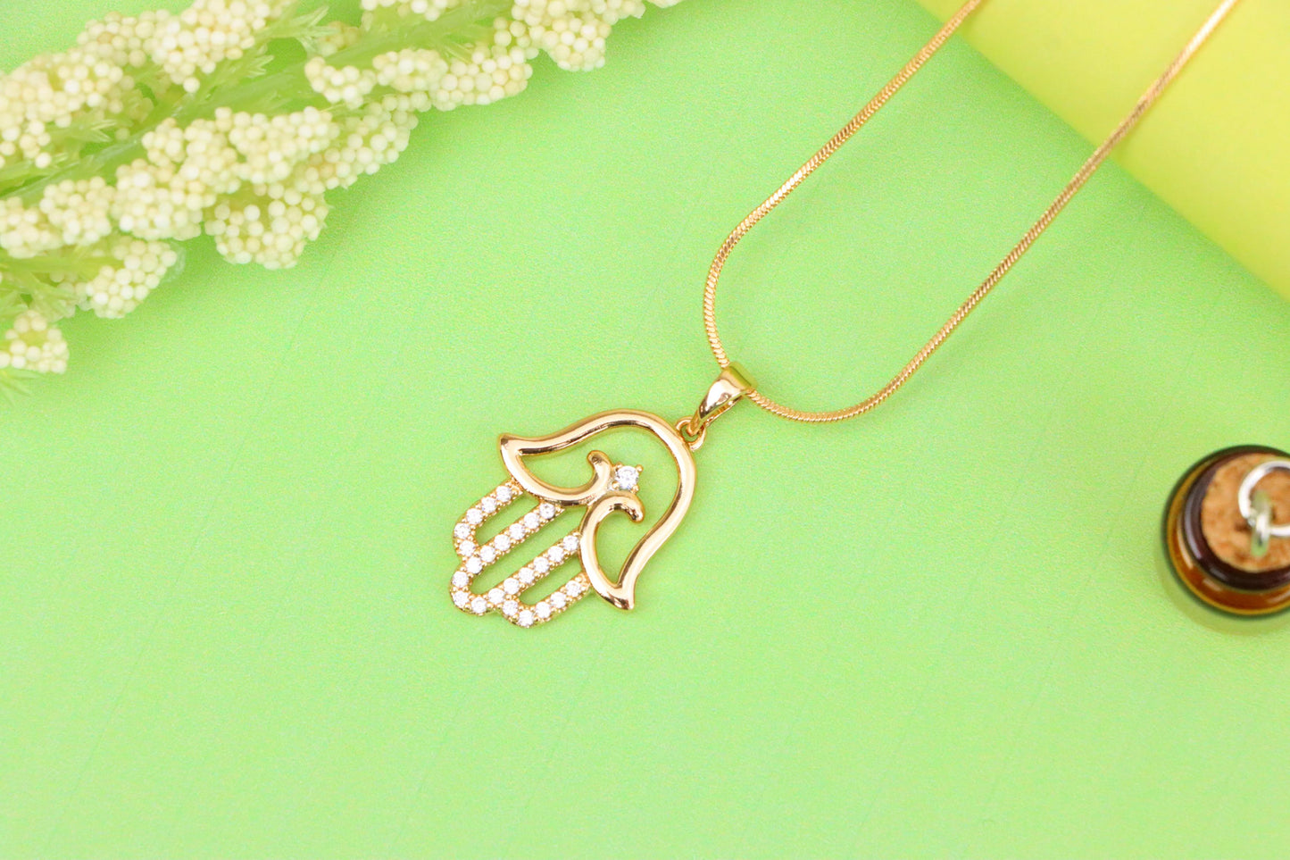 Rose Gold Hamsa Hand Pendant in Gold Plated Brass with Sparkling Accents, XPPT1760 (2152-5)