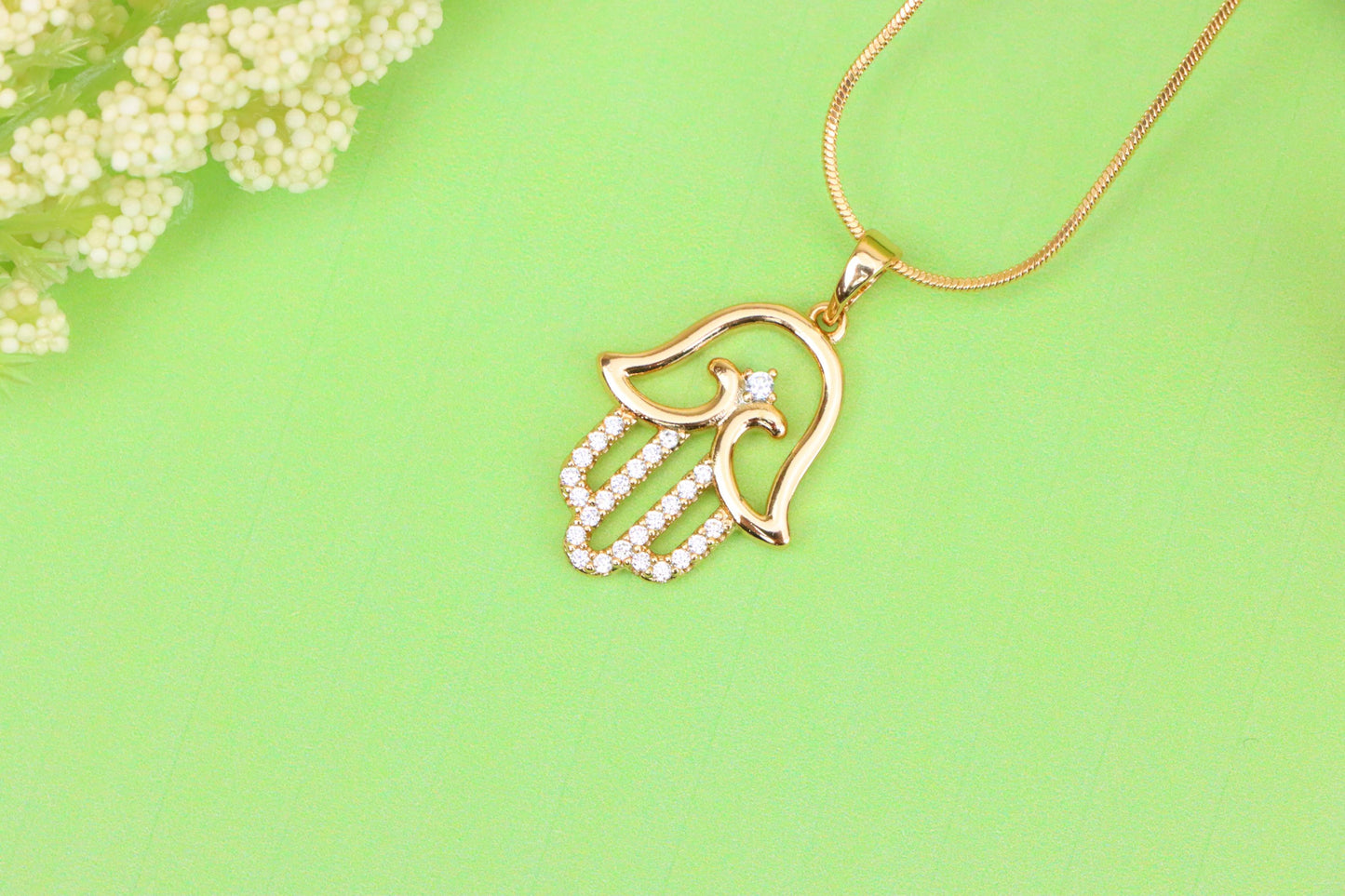 Rose Gold Hamsa Hand Pendant in Gold Plated Brass with Sparkling Accents, XPPT1760 (2152-5)