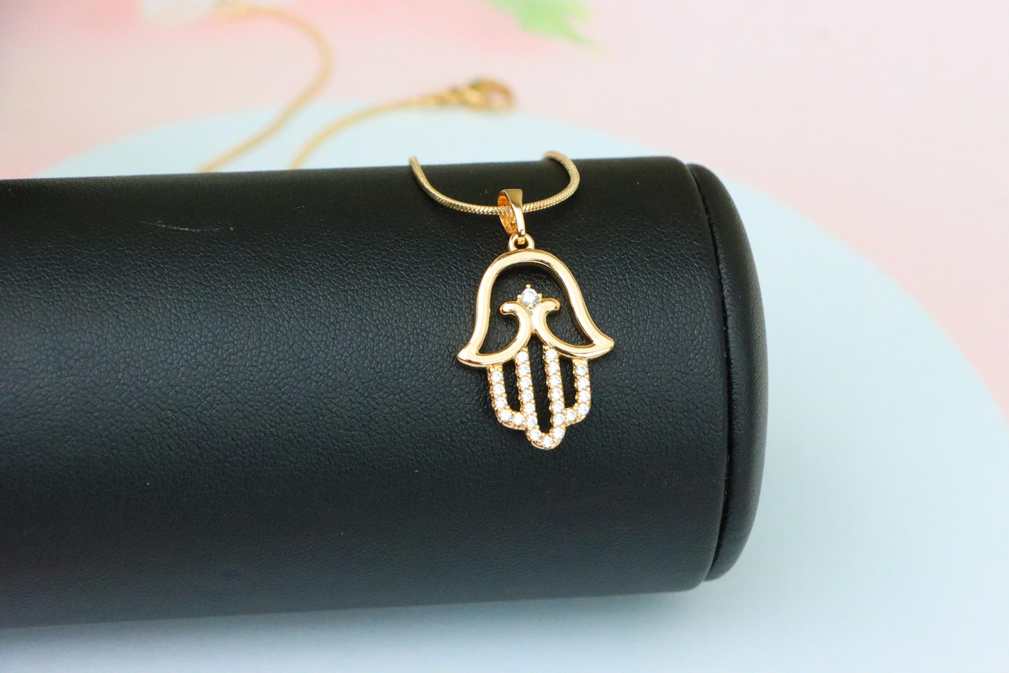 Rose Gold Hamsa Hand Pendant in Gold Plated Brass with Sparkling Accents, XPPT1760 (2152-5)