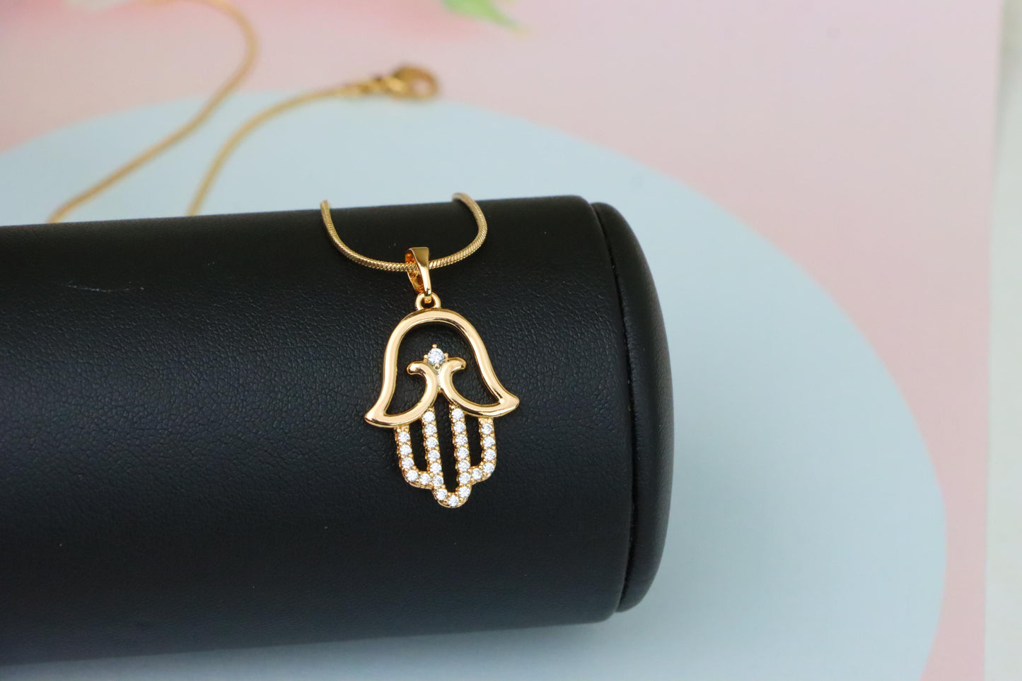 Rose Gold Hamsa Hand Pendant in Gold Plated Brass with Sparkling Accents, XPPT1760 (2152-5)