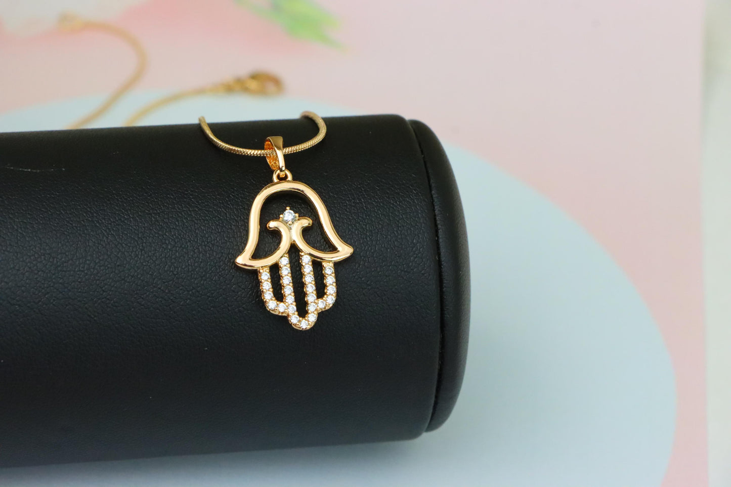 Rose Gold Hamsa Hand Pendant in Gold Plated Brass with Sparkling Accents, XPPT1760 (2152-5)