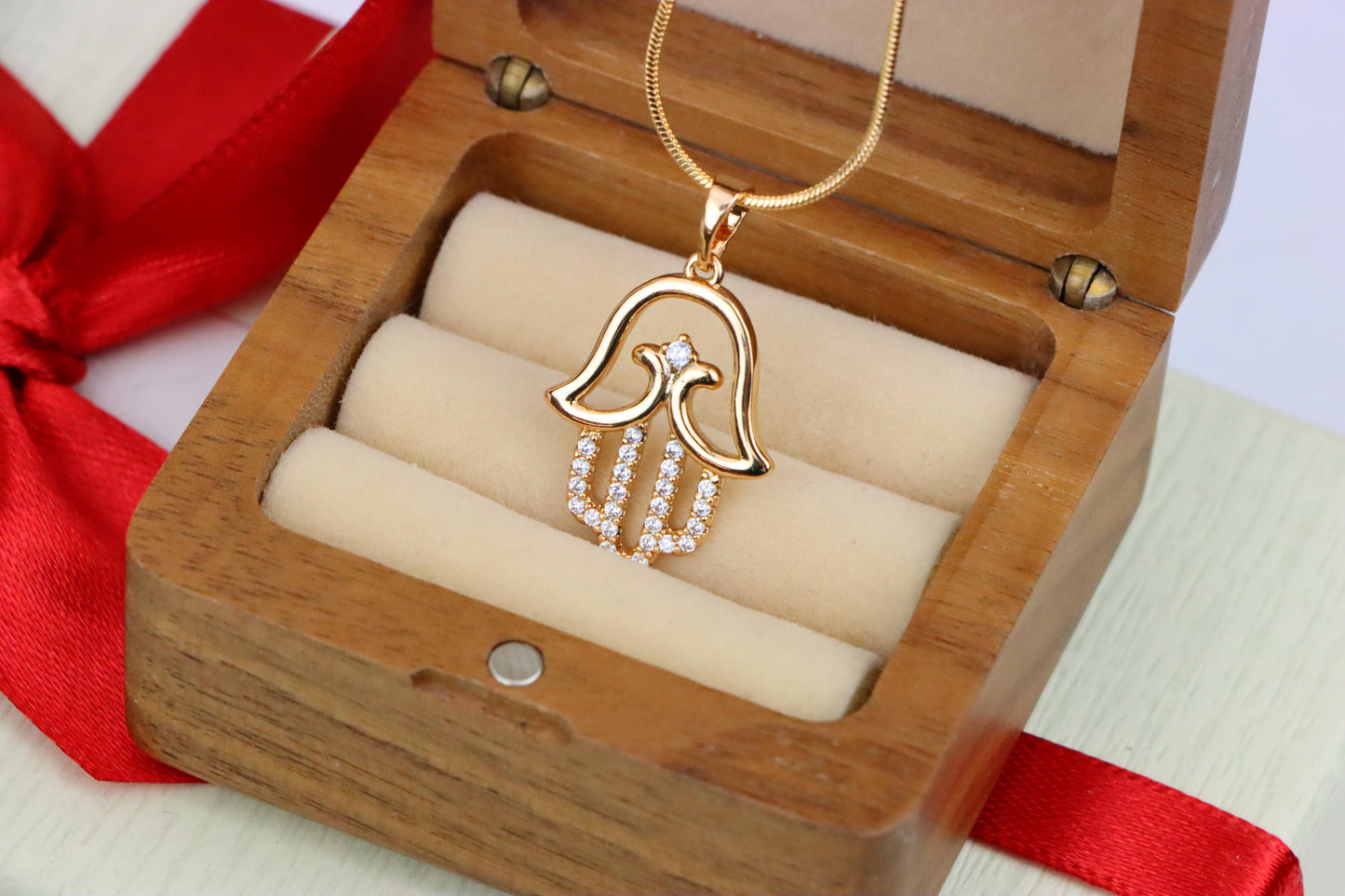 Rose Gold Hamsa Hand Pendant in Gold Plated Brass with Sparkling Accents, XPPT1760 (2152-5)