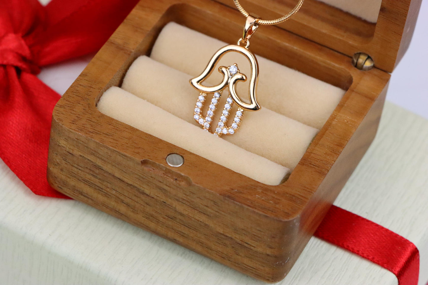 Rose Gold Hamsa Hand Pendant in Gold Plated Brass with Sparkling Accents, XPPT1760 (2152-5)