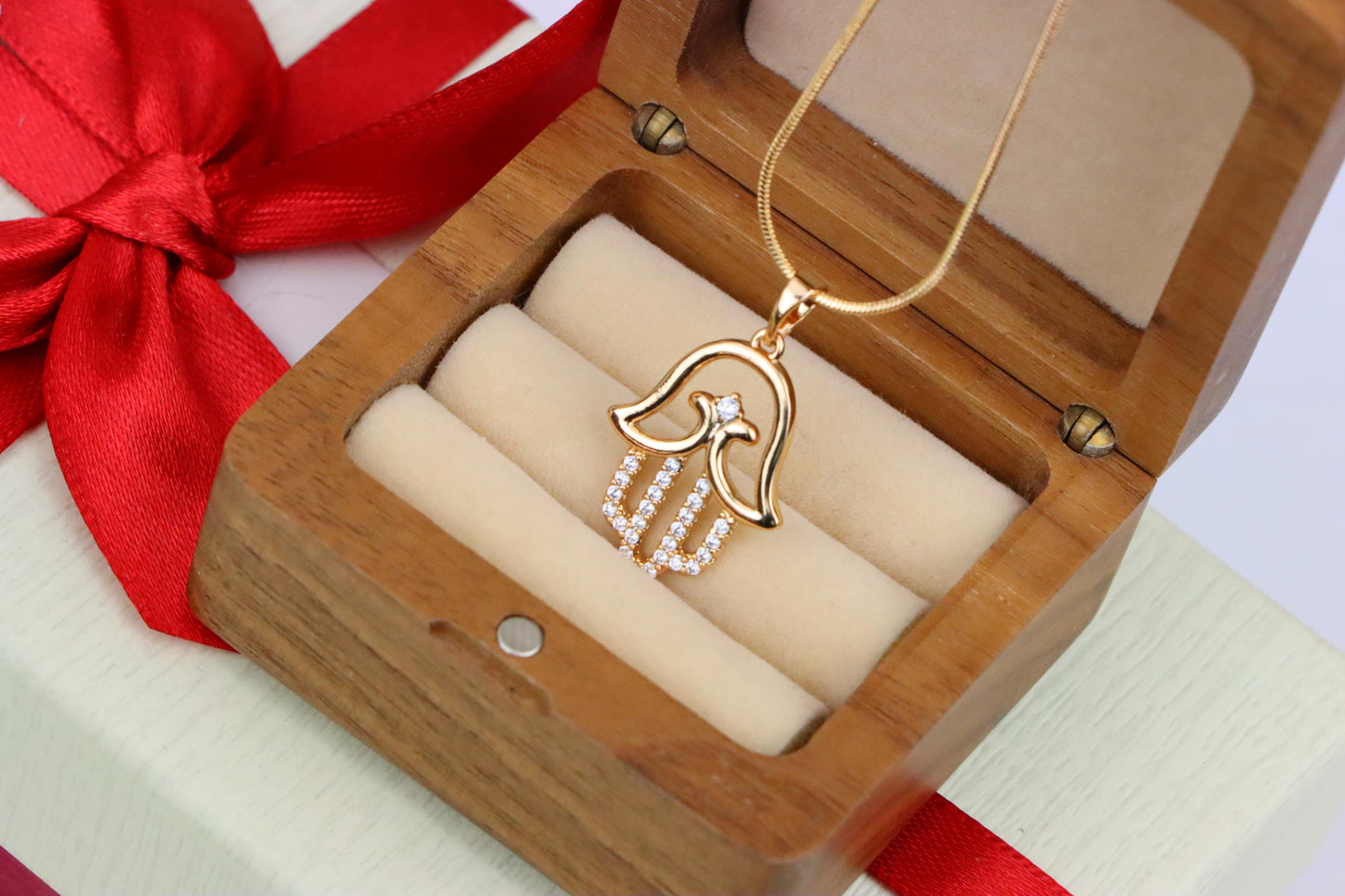 Rose Gold Hamsa Hand Pendant in Gold Plated Brass with Sparkling Accents, XPPT1760 (2152-5)