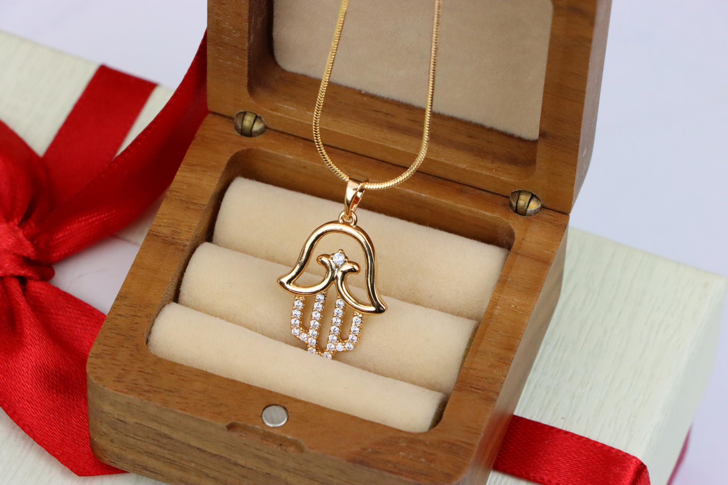 Rose Gold Hamsa Hand Pendant in Gold Plated Brass with Sparkling Accents, XPPT1760 (2152-5)