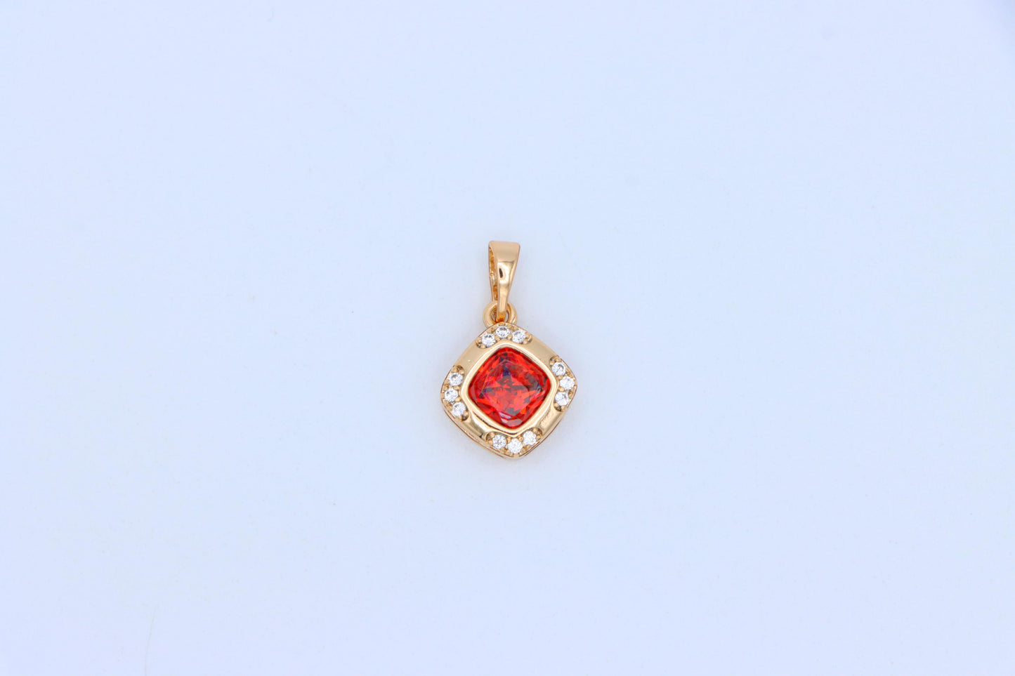 Square Red Stone Pendant in Gold Plated Brass with Sparkling Halo, XPPT1764 (2152-7)