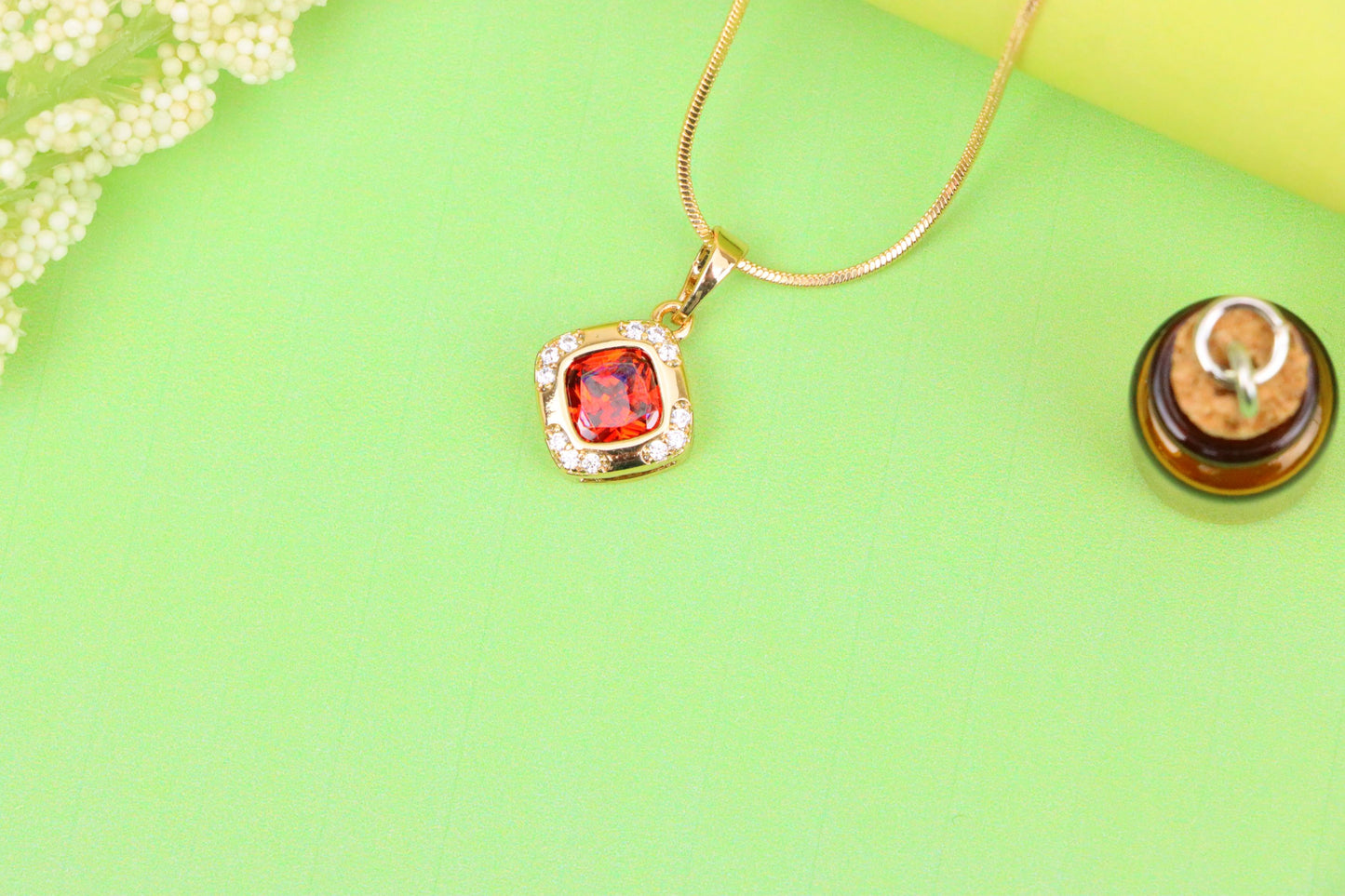 Square Red Stone Pendant in Gold Plated Brass with Sparkling Halo, XPPT1764 (2152-7)