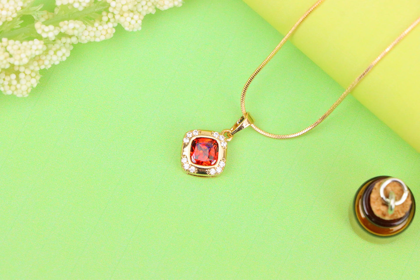 Square Red Stone Pendant in Gold Plated Brass with Sparkling Halo, XPPT1764 (2152-7)