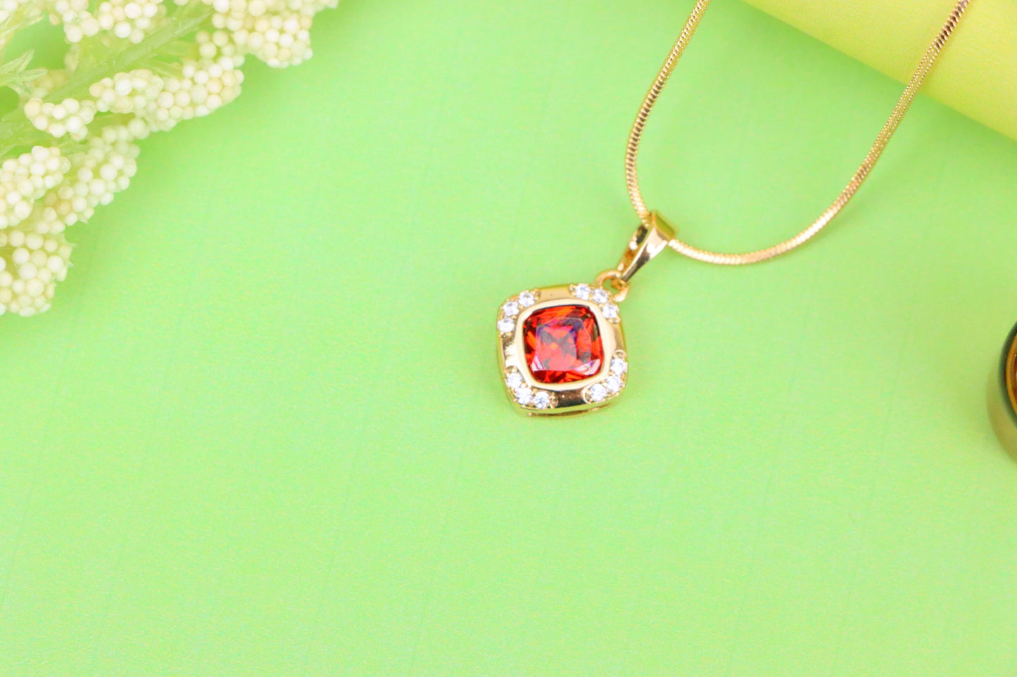 Square Red Stone Pendant in Gold Plated Brass with Sparkling Halo, XPPT1764 (2152-7)