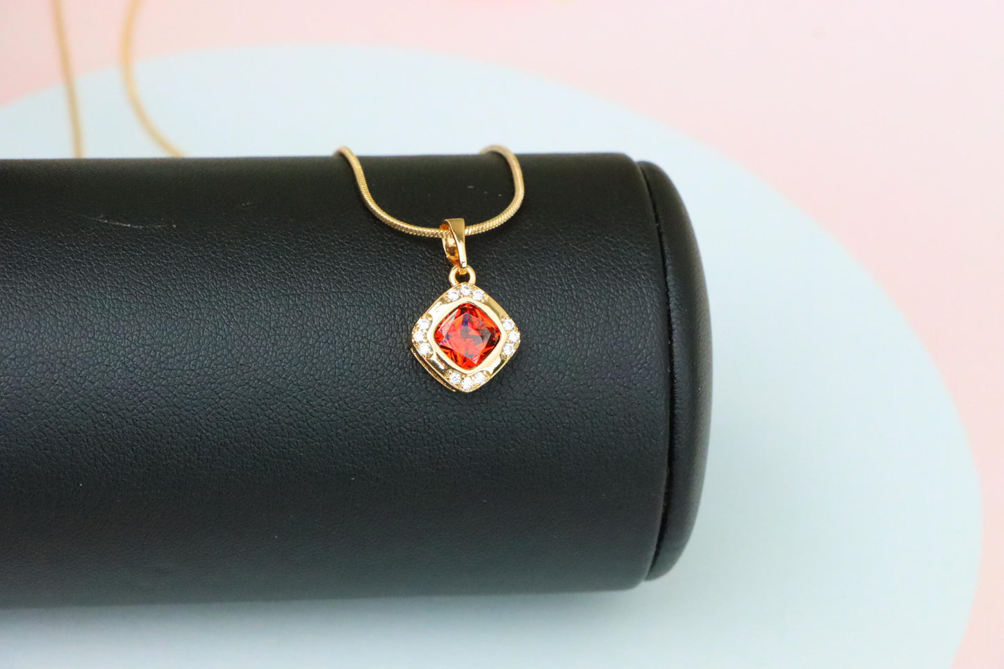 Square Red Stone Pendant in Gold Plated Brass with Sparkling Halo, XPPT1764 (2152-7)