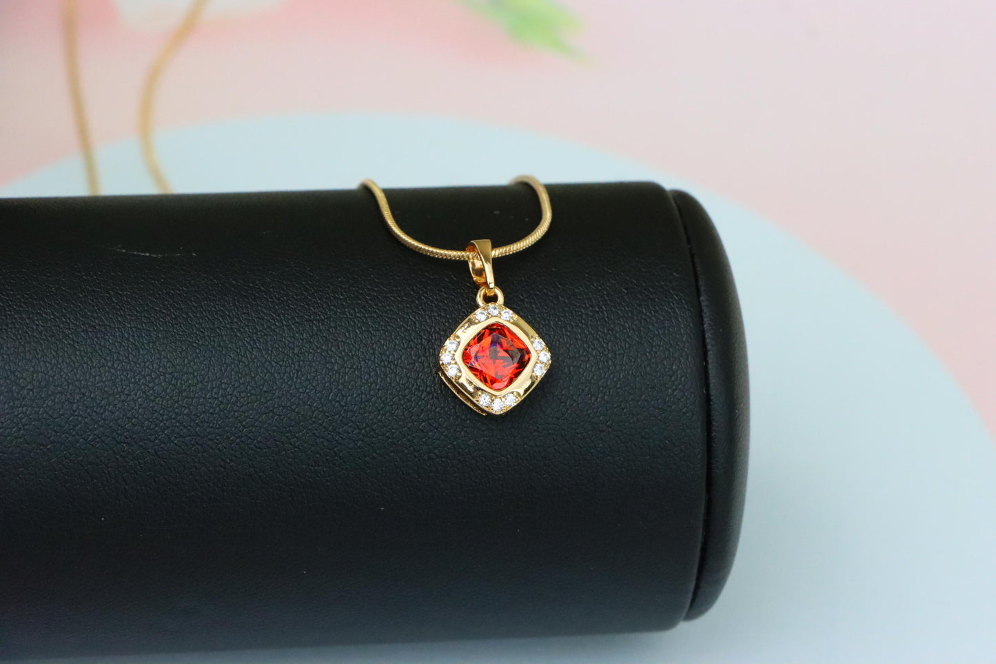 Square Red Stone Pendant in Gold Plated Brass with Sparkling Halo, XPPT1764 (2152-7)