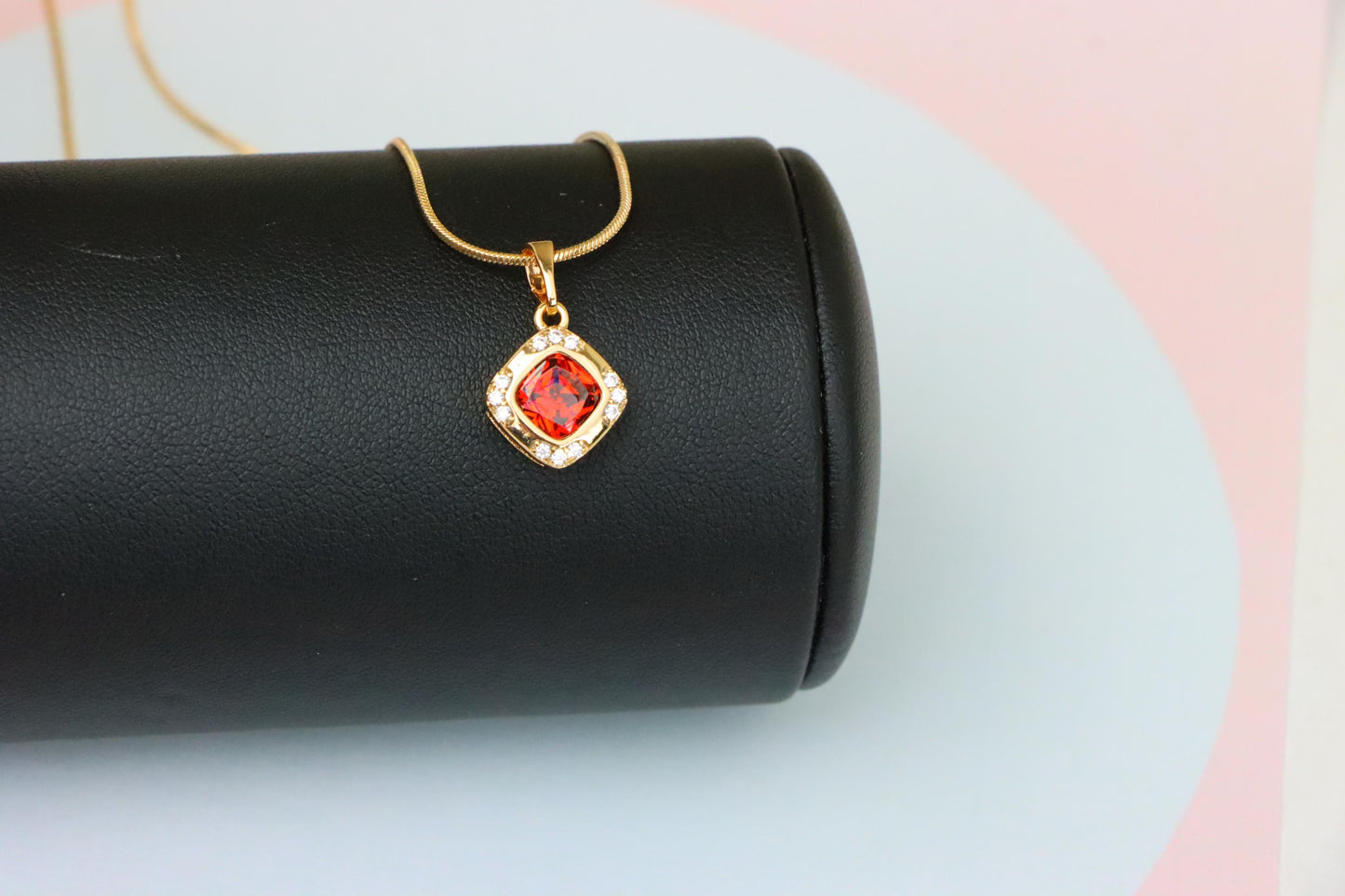 Square Red Stone Pendant in Gold Plated Brass with Sparkling Halo, XPPT1764 (2152-7)
