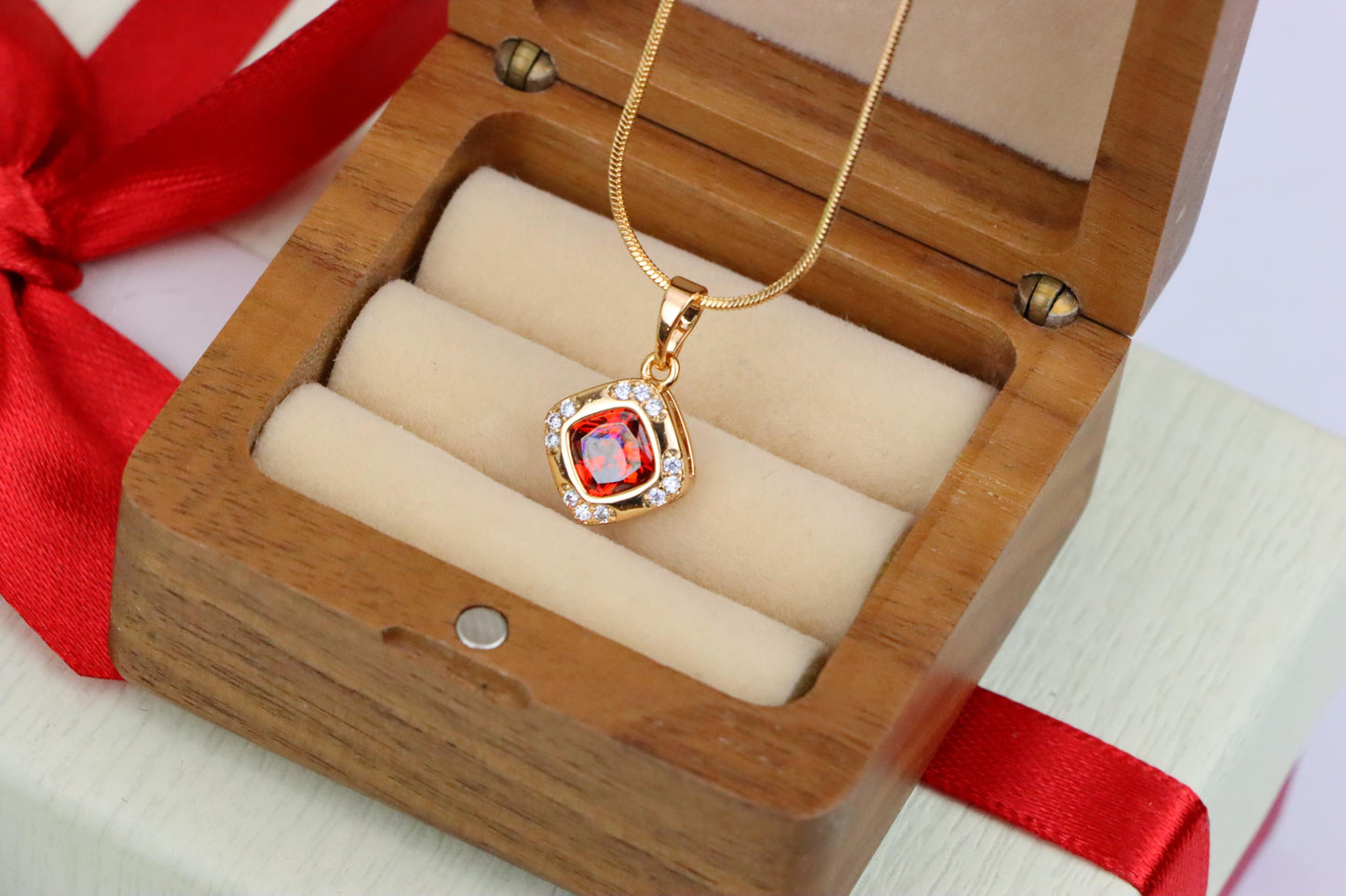 Square Red Stone Pendant in Gold Plated Brass with Sparkling Halo, XPPT1764 (2152-7)