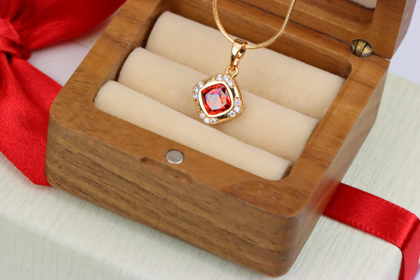 Square Red Stone Pendant in Gold Plated Brass with Sparkling Halo, XPPT1764 (2152-7)