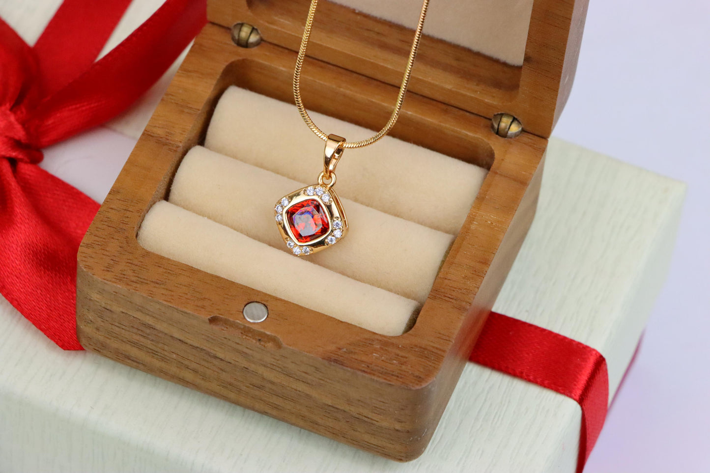 Square Red Stone Pendant in Gold Plated Brass with Sparkling Halo, XPPT1764 (2152-7)