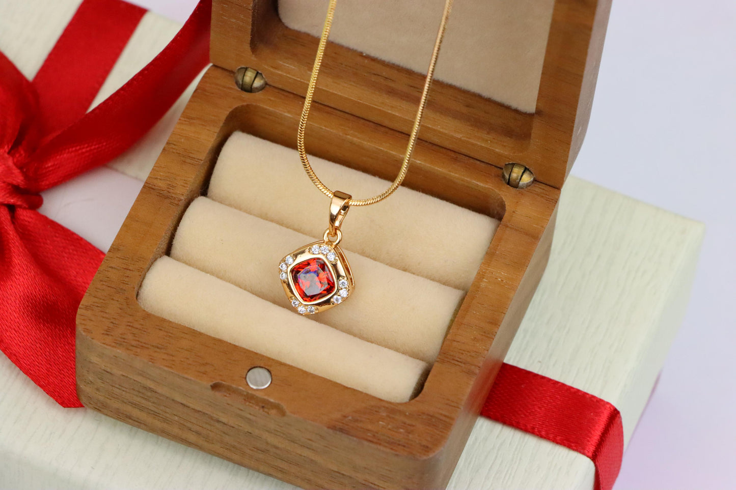 Square Red Stone Pendant in Gold Plated Brass with Sparkling Halo, XPPT1764 (2152-7)