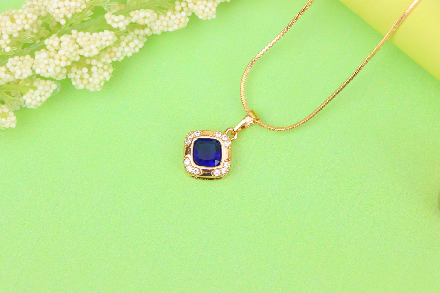 Gold Plated Blue Cushion Pendant with Crystal Halo – Elegant Charm, XPPT1765 (2152-7)