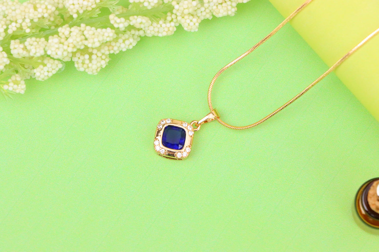 Gold Plated Blue Cushion Pendant with Crystal Halo – Elegant Charm, XPPT1765 (2152-7)