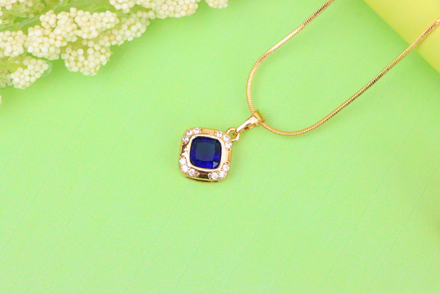 Gold Plated Blue Cushion Pendant with Crystal Halo – Elegant Charm, XPPT1765 (2152-7)