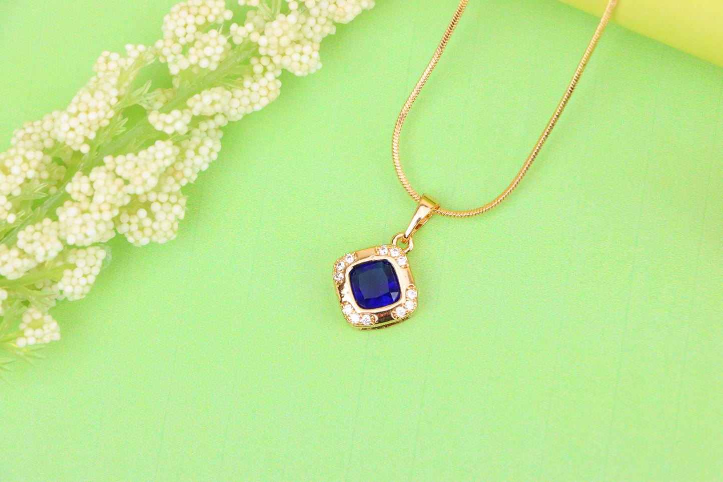 Gold Plated Blue Cushion Pendant with Crystal Halo – Elegant Charm, XPPT1765 (2152-7)