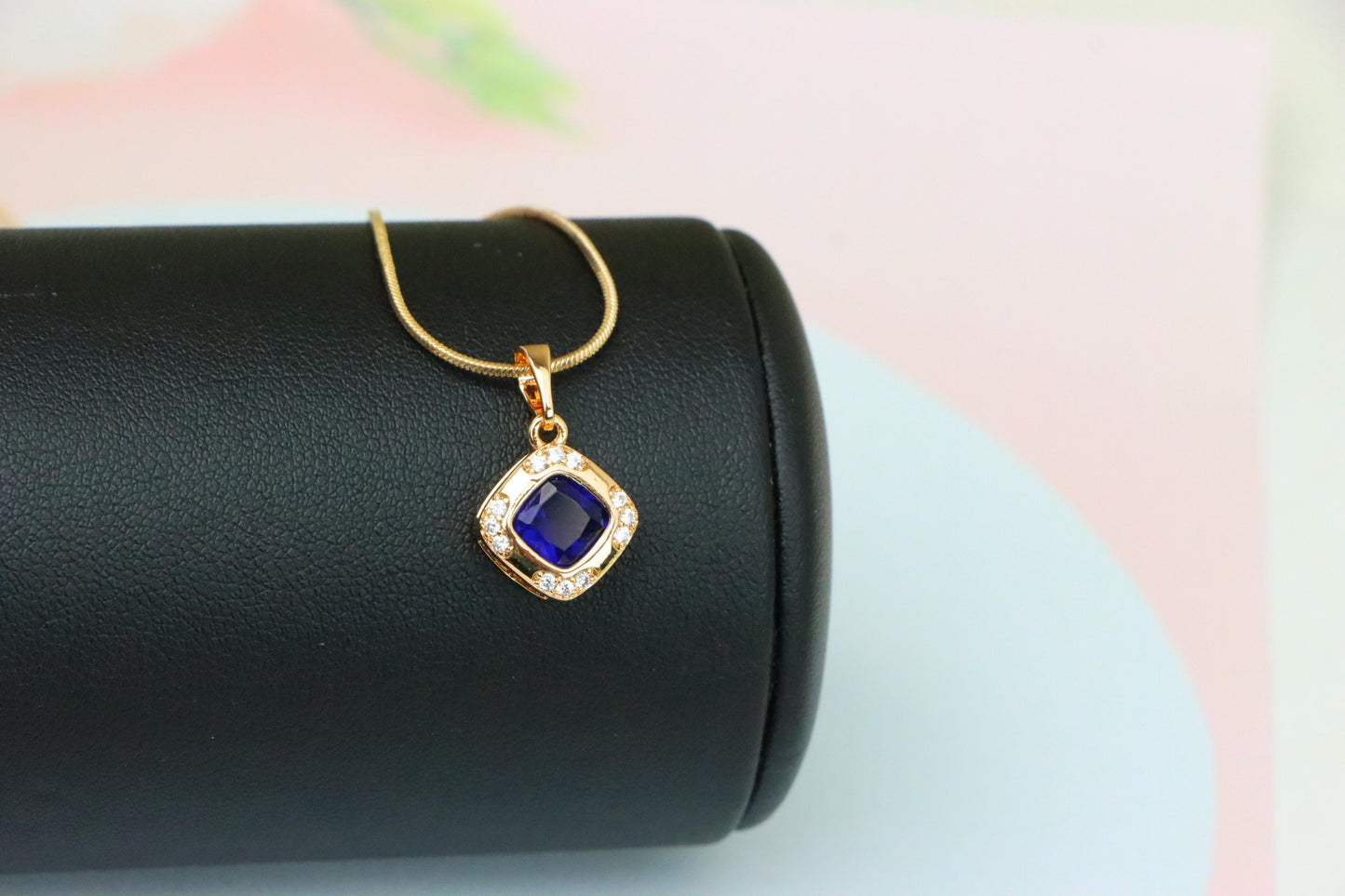 Gold Plated Blue Cushion Pendant with Crystal Halo – Elegant Charm, XPPT1765 (2152-7)