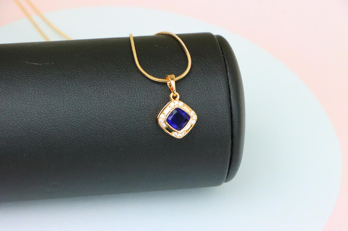 Gold Plated Blue Cushion Pendant with Crystal Halo – Elegant Charm, XPPT1765 (2152-7)