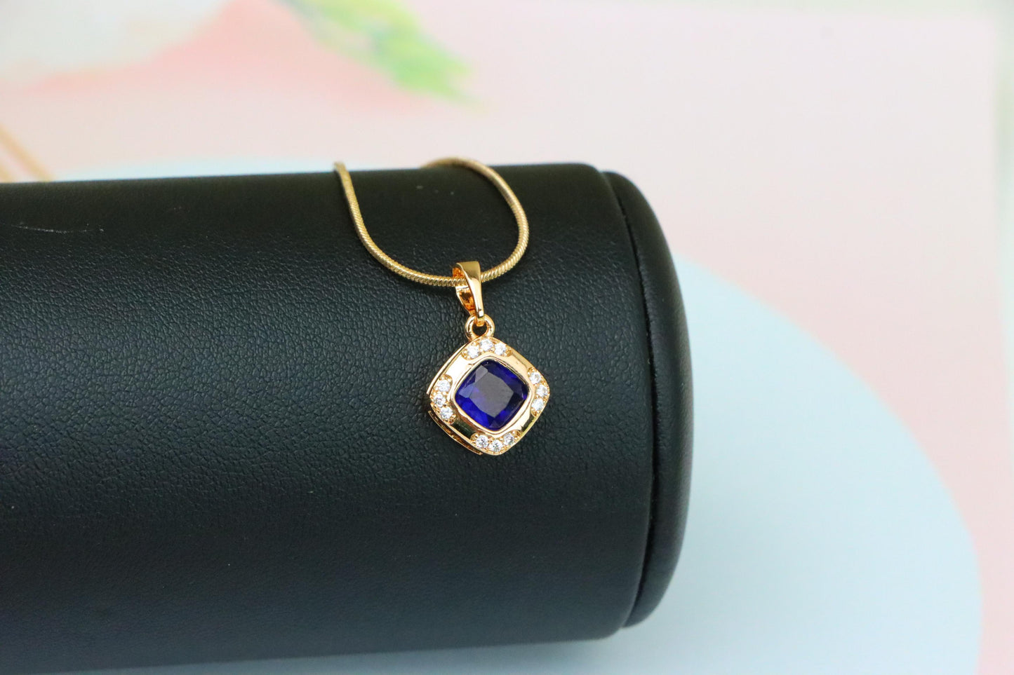 Gold Plated Blue Cushion Pendant with Crystal Halo – Elegant Charm, XPPT1765 (2152-7)