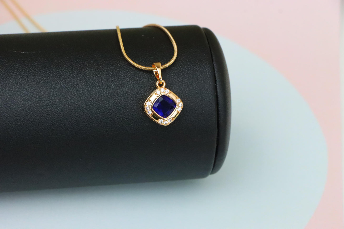 Gold Plated Blue Cushion Pendant with Crystal Halo – Elegant Charm, XPPT1765 (2152-7)
