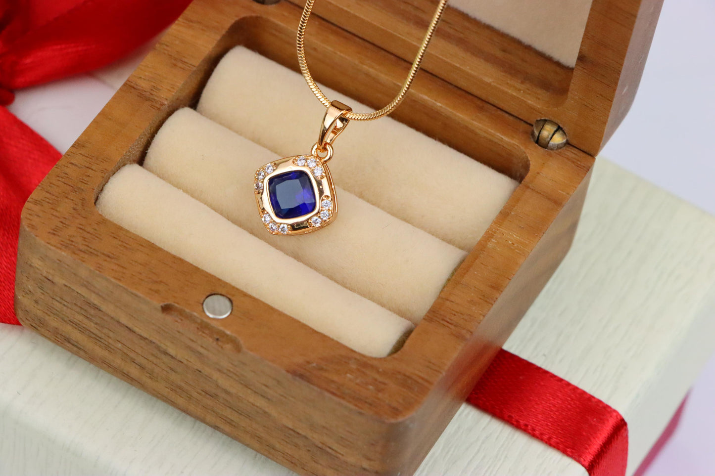 Gold Plated Blue Cushion Pendant with Crystal Halo – Elegant Charm, XPPT1765 (2152-7)