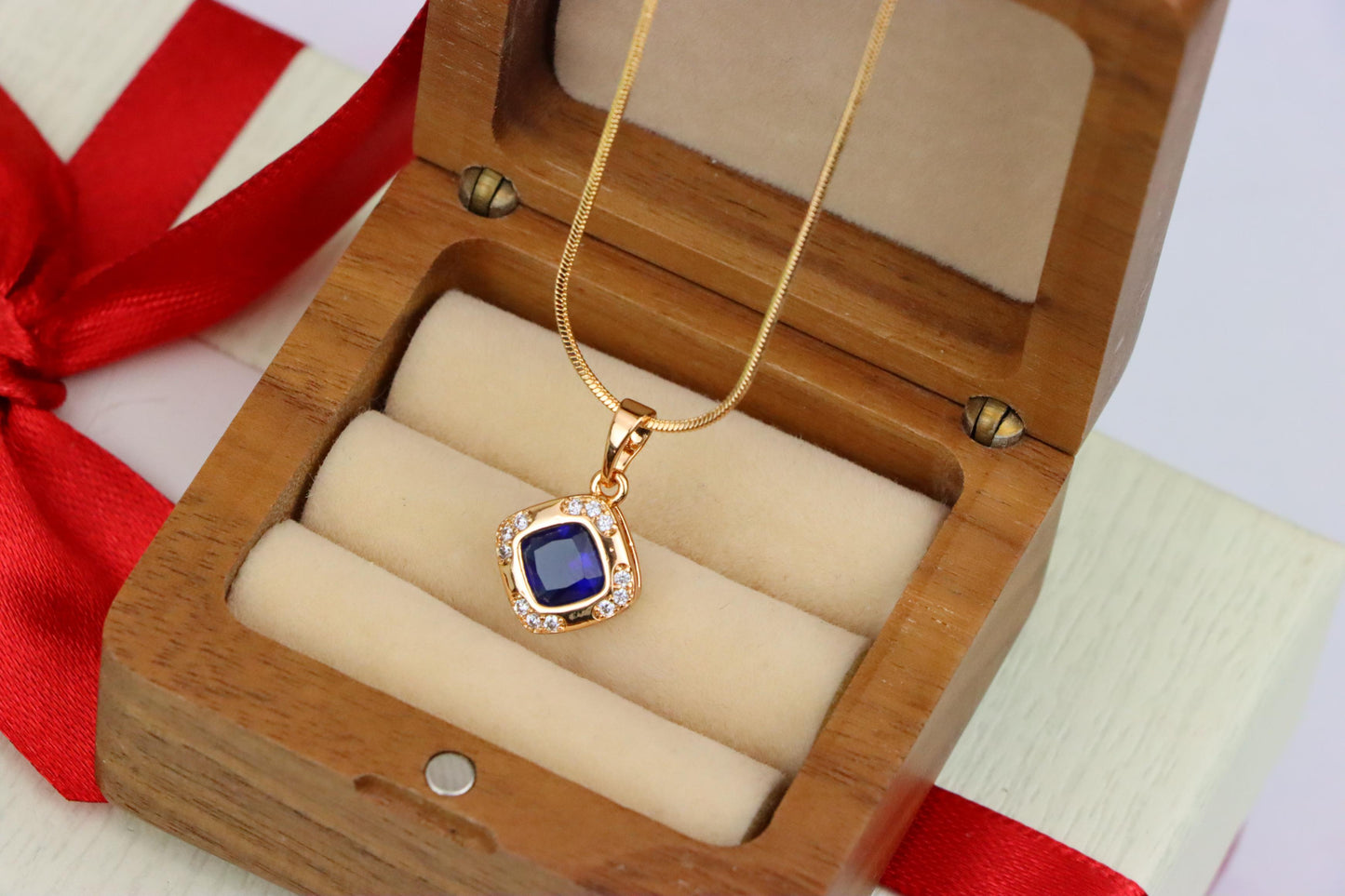 Gold Plated Blue Cushion Pendant with Crystal Halo – Elegant Charm, XPPT1765 (2152-7)