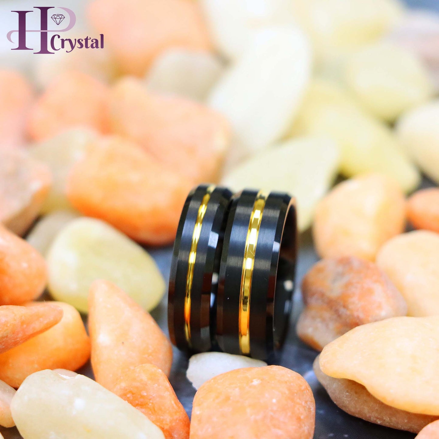 Black IP Brushed with Yellow Gold IP Grooved Center Beveled Edge 8mm/6mm Tungsten Ring