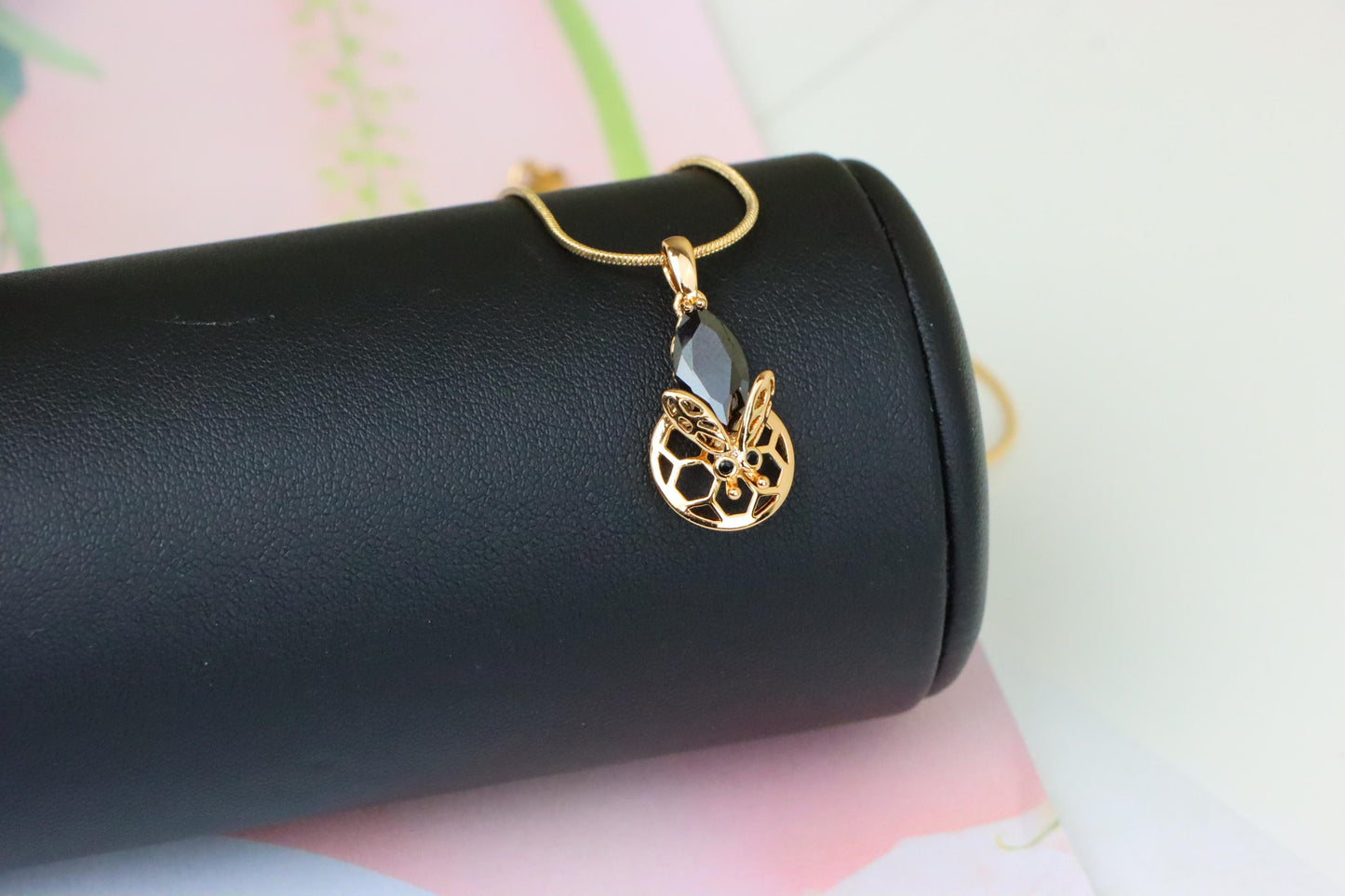 Rose Gold Honeycomb Butterfly Pendant with Black Gem, XPPT1314 (2131-7)