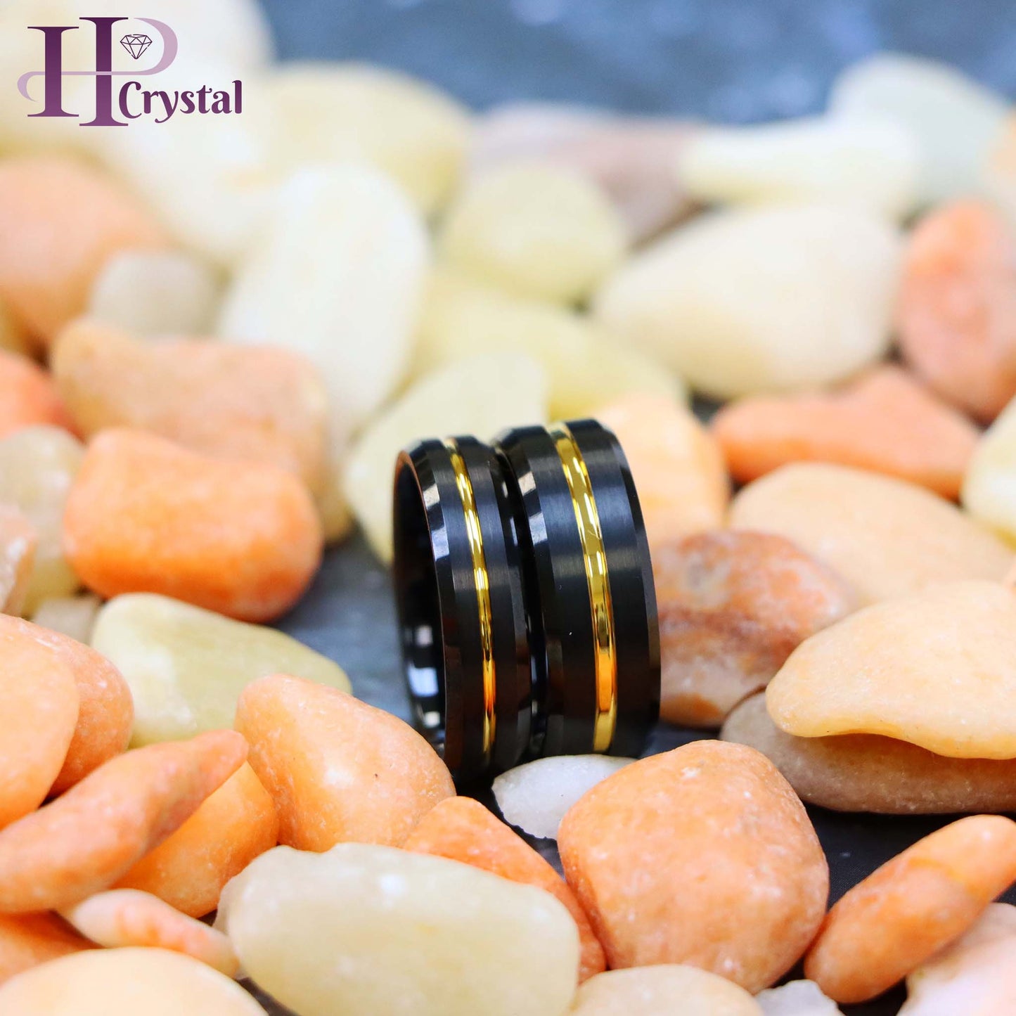 Black IP Brushed with Yellow Gold IP Grooved Center Beveled Edge 8mm/6mm Tungsten Ring