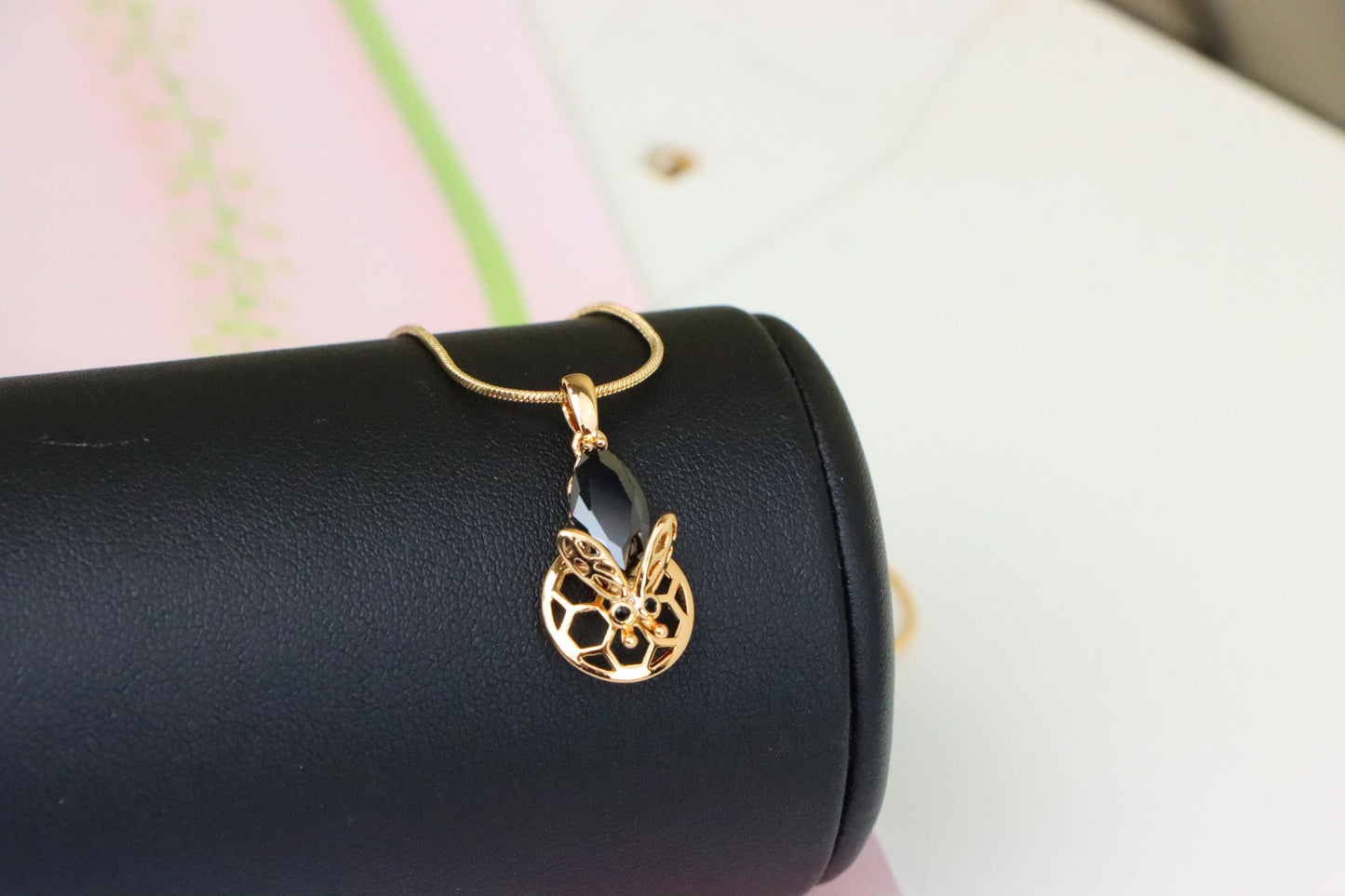 Rose Gold Honeycomb Butterfly Pendant with Black Gem, XPPT1314 (2131-7)