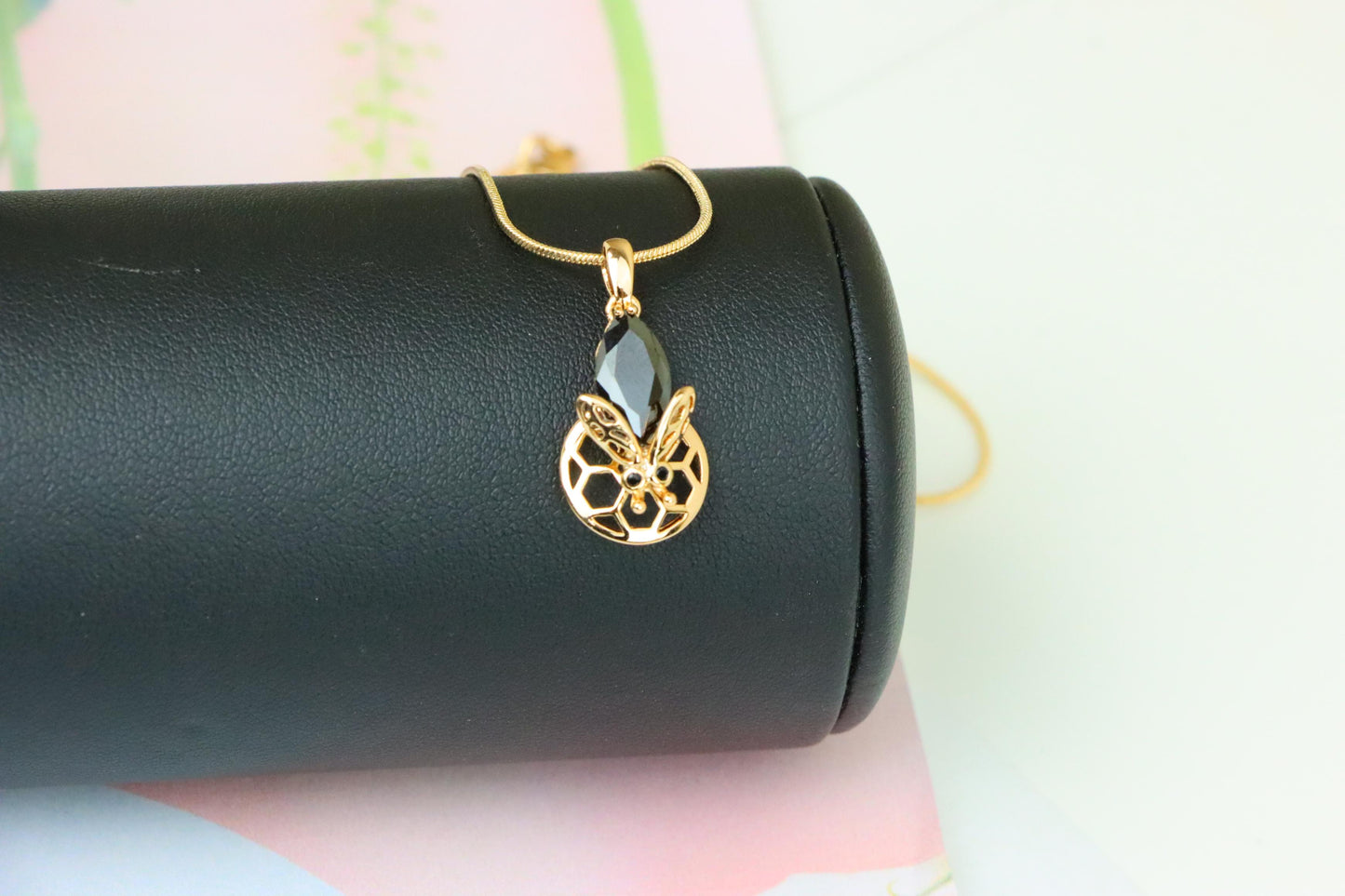 Rose Gold Honeycomb Butterfly Pendant with Black Gem, XPPT1314 (2131-7)