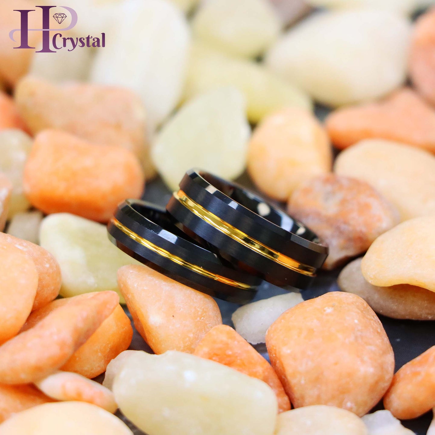 Black IP Brushed with Yellow Gold IP Grooved Center Beveled Edge 8mm/6mm Tungsten Ring