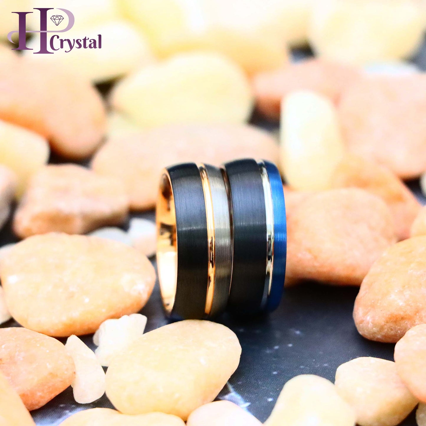 Three-tone Natural, Rose Gold & Black IP Plated/Blue & Black IP Plated Groove Tungsten Ring