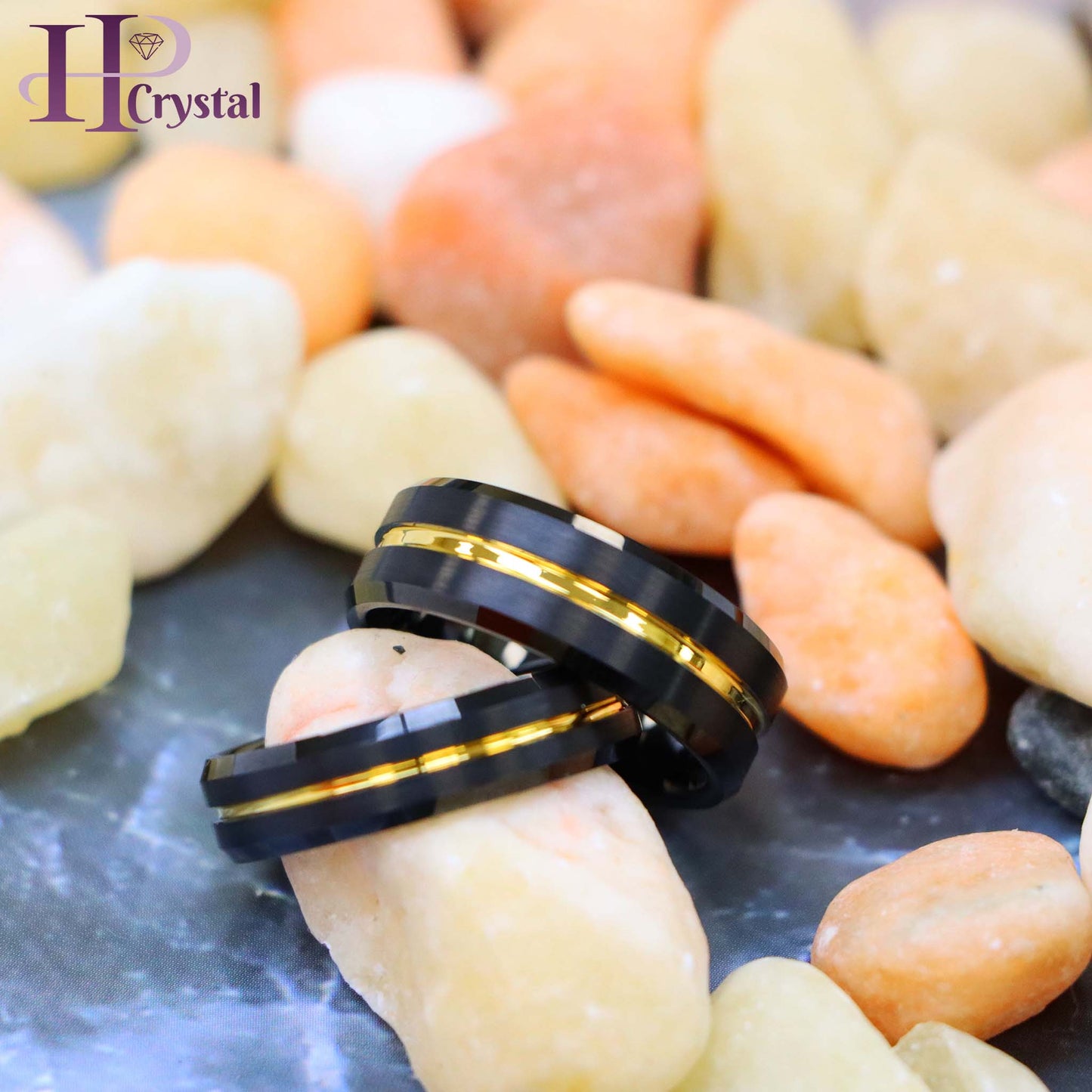 Black IP Brushed with Yellow Gold IP Grooved Center Beveled Edge 8mm/6mm Tungsten Ring