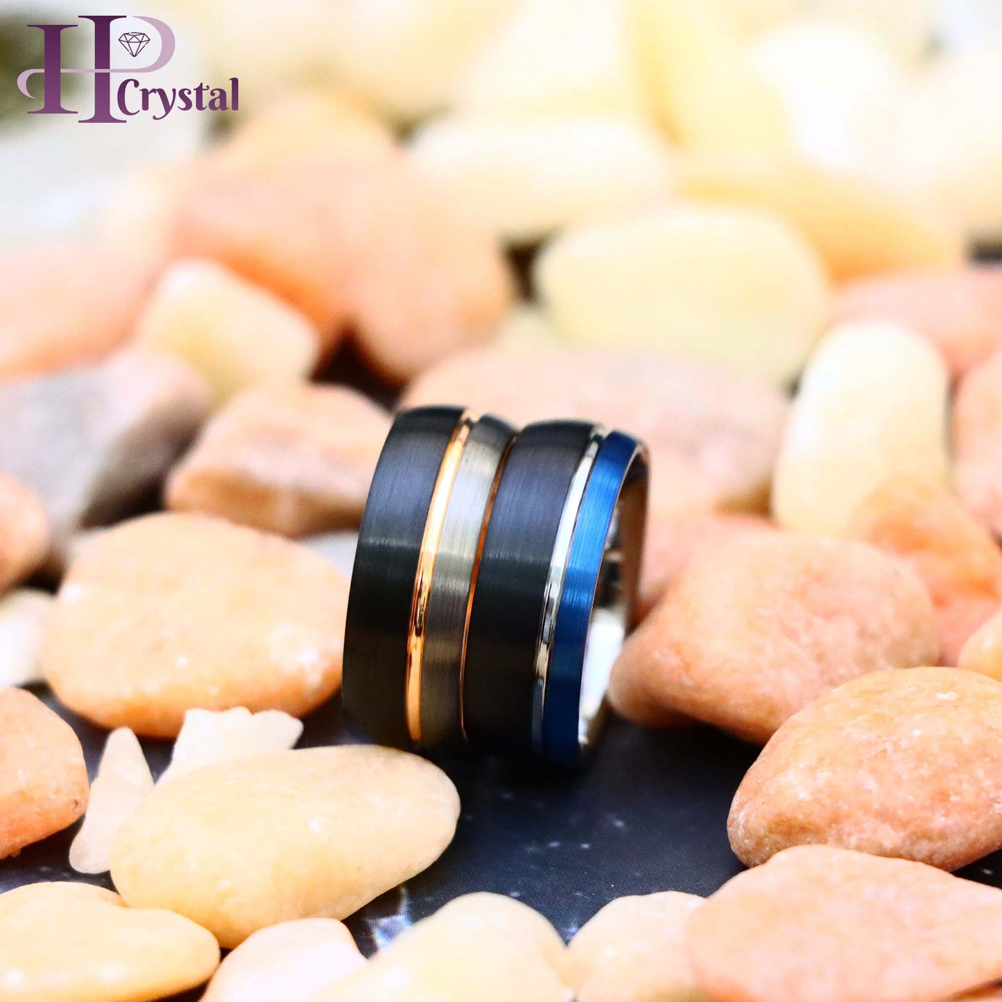 Three-tone Natural, Rose Gold & Black IP Plated/Blue & Black IP Plated Groove Tungsten Ring