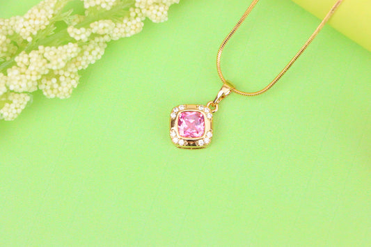 Pink Cushion Stone Pendant in Gold Plated Brass with Crystal Halo, XPPT1767 (2152-7)