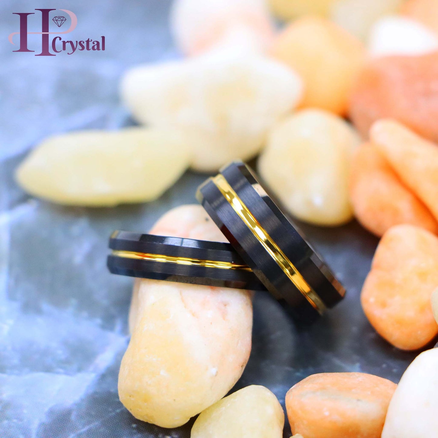 Black IP Brushed with Yellow Gold IP Grooved Center Beveled Edge 8mm/6mm Tungsten Ring