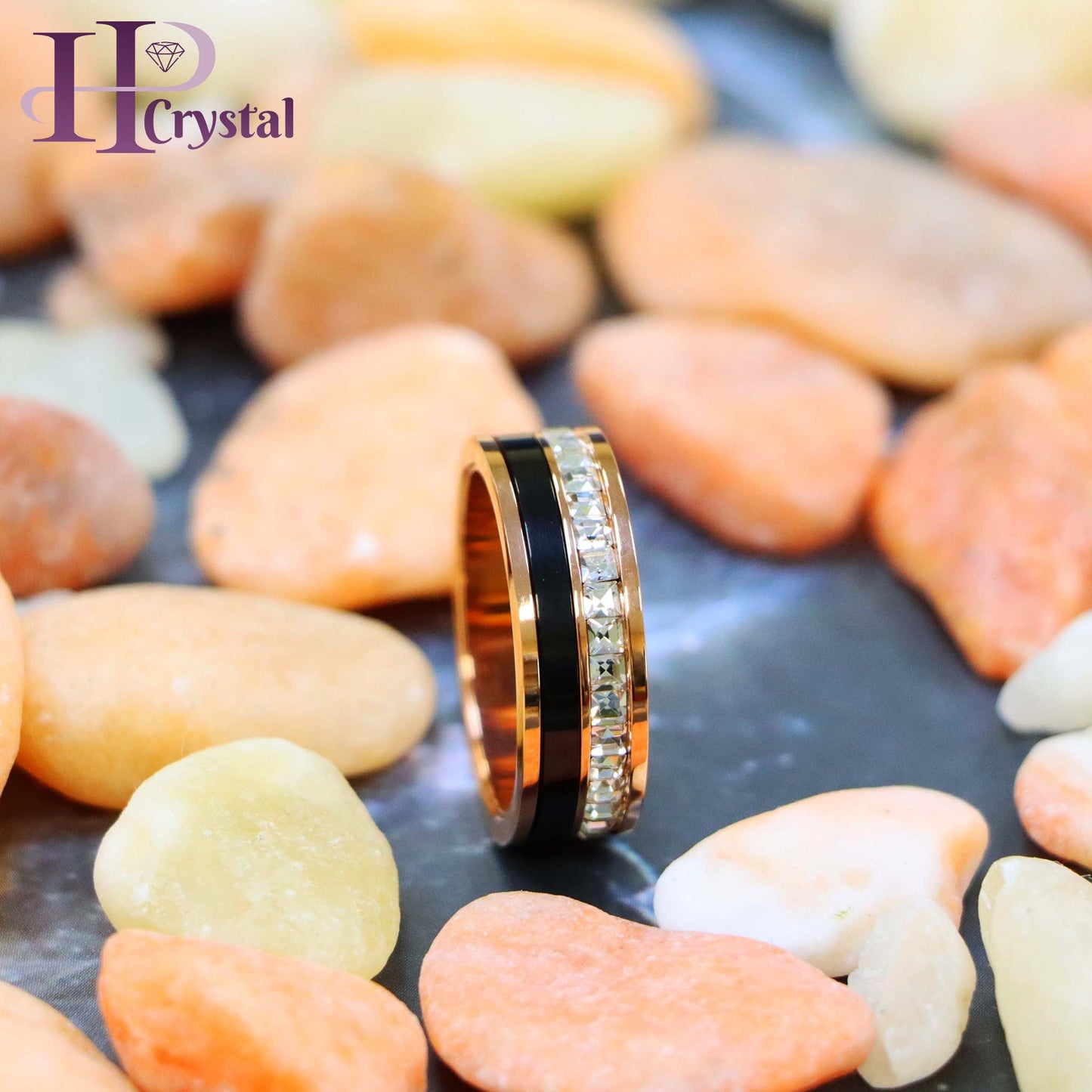 Rose Gold & Black IP Plated Titanium Spinner Princess cut Eternity CZ Titanium Ring